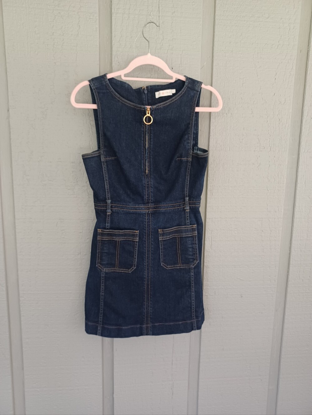 Tory Burch Zip Front Denim Mini Dress Size 4 Preppy Pockets Sleeveless Stretch